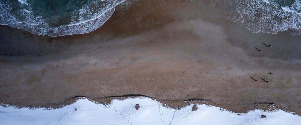 An aerial view of a beach with waves crashing onto the shore, a sandy beach, and a few birds in the distance.