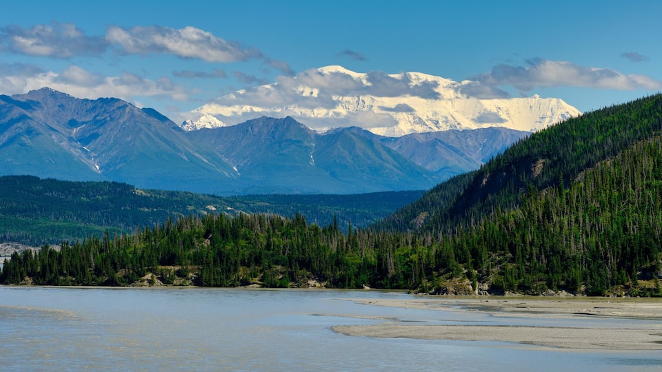 A river with mountains in the background.