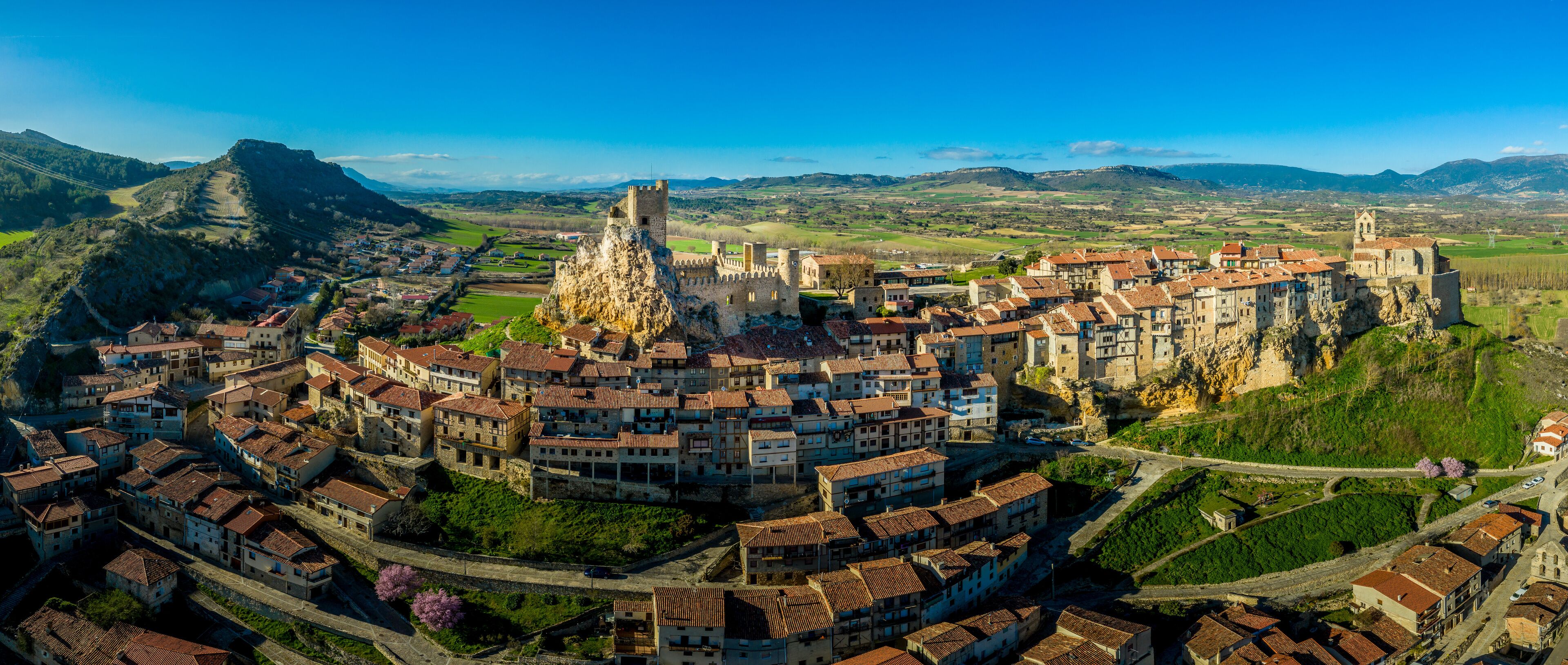 Frias aerial panorama of the medieval village with a castle and fortified bridge near Burgos in Castile and Leon Spain