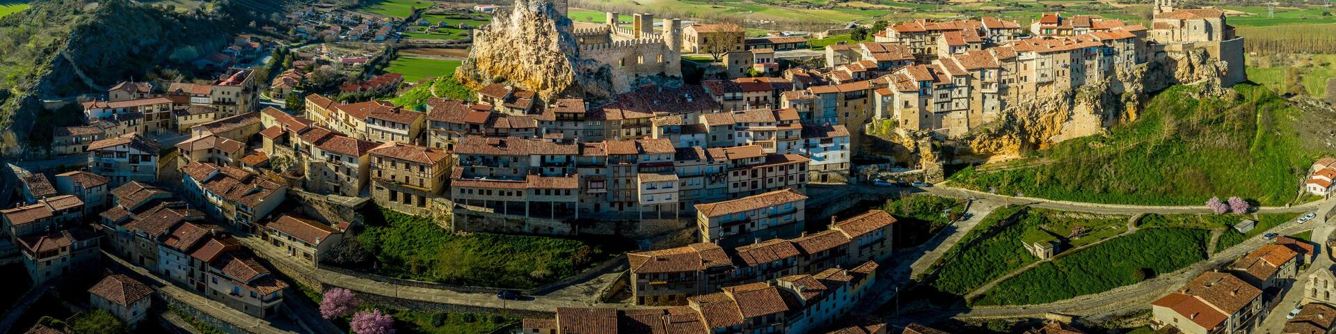 Frias aerial panorama of the medieval village with a castle and fortified bridge near Burgos in Castile and Leon Spain