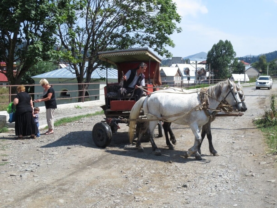 Horses and carriage on a dirt road in the city of Bakuriani, in the country of Georgia.
Bakuriani is typically known as a ski area in the winter - but the town is worth a visit if you're in the area during the warmer parts of the year.