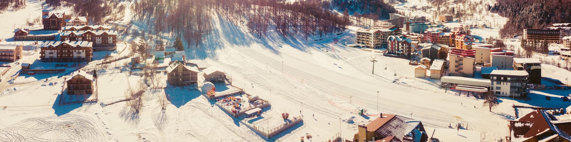 Bakuriani ski resort panorama in Georgia, caucasus mountains. Famous travel destination for outdoors skiing