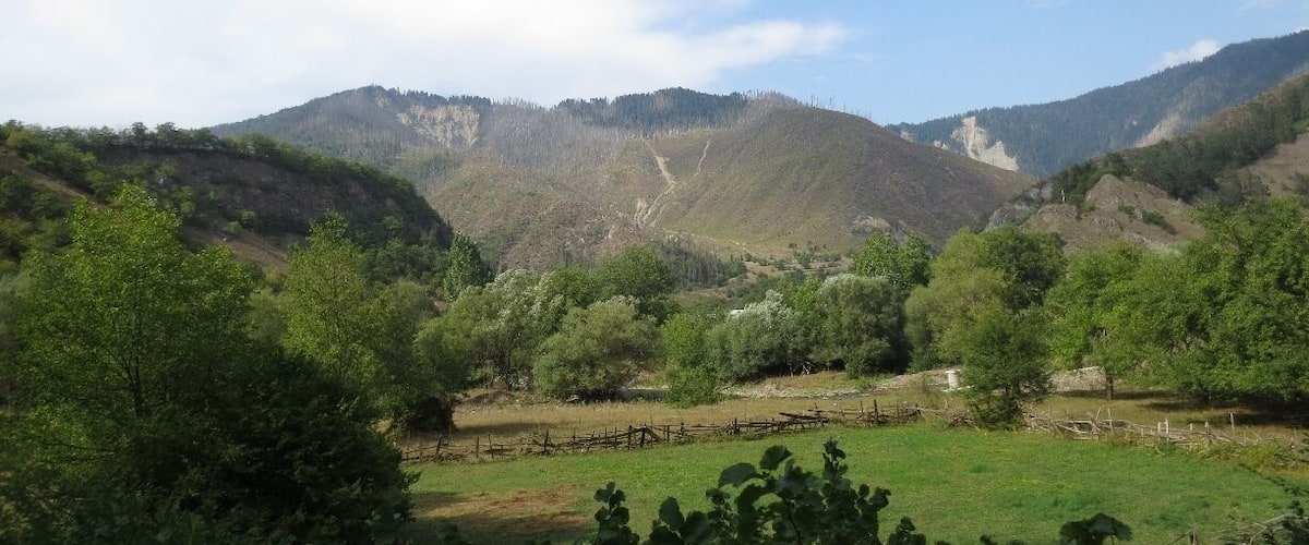 View of the countryside between Bakuriani and Borjomi, Georgia.
If you look closely, you'll notice the fire damage at the top of the mountain. In 2008, there was a brief war between Russia and Georgia over two, long disputed regions in Georgia.
During the course of the war, the Russians launched airstrikes against a supposed military bunker used by the Georgian government in this area. These bombings accidentally resulted in a large forest fire that burned a significant amount of forest land - and greatly pissed off the Georgian people.