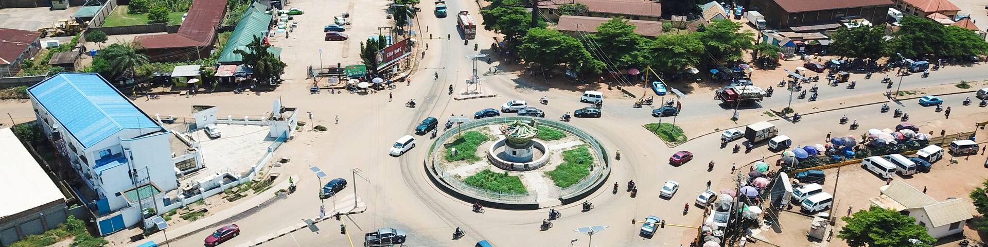 Top down aerial view of busy roundabout in Makurdi city Nigeria