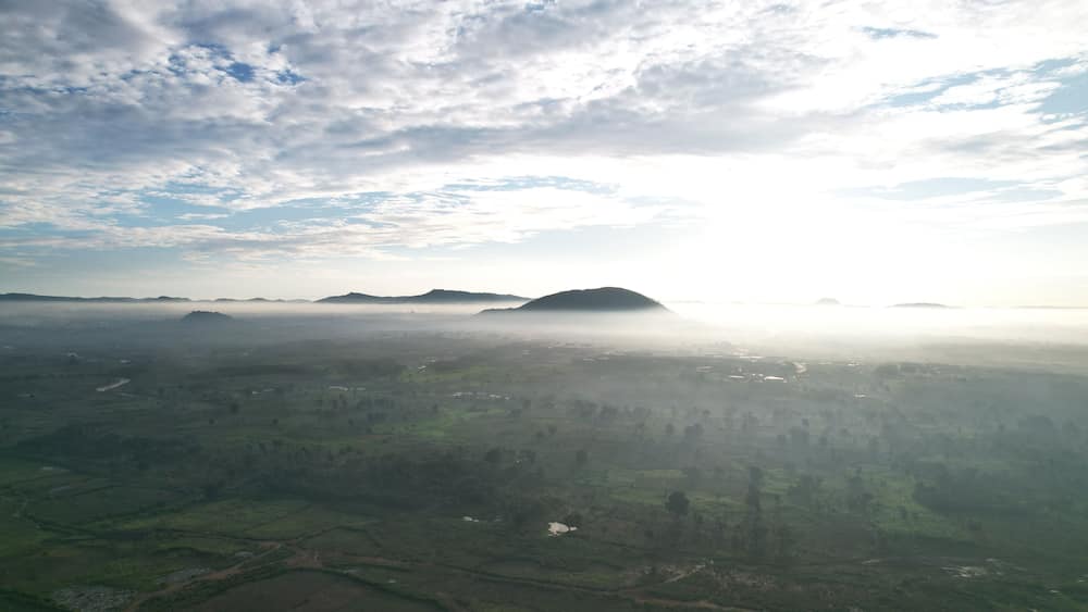 A misty landscape with rolling hills and scattered trees.