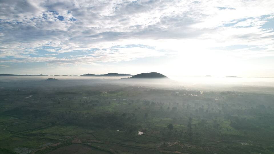 A misty landscape with rolling hills and scattered trees.