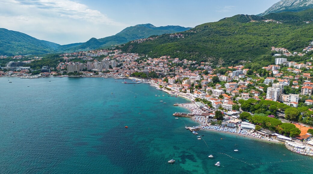 Aerial view of a waterfront residential area in Igalo on the coast of the Adriatic Sea in the Bay of Kotor in Montenegro