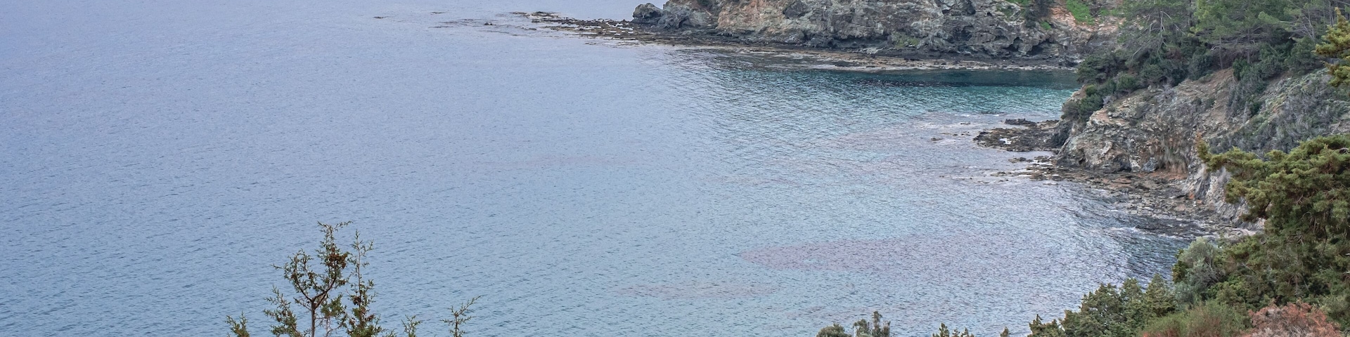 A coastal landscape with rocky cliffs, calm sea, and a small settlement with buildings and greenery.