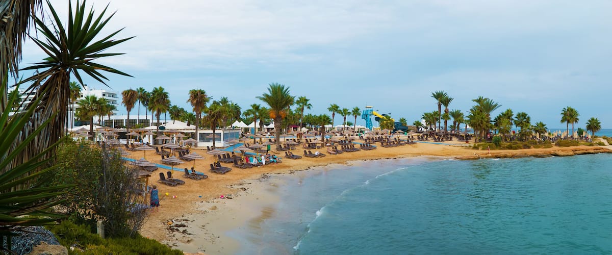 A beach with palm trees, lounge chairs, and a water slide.