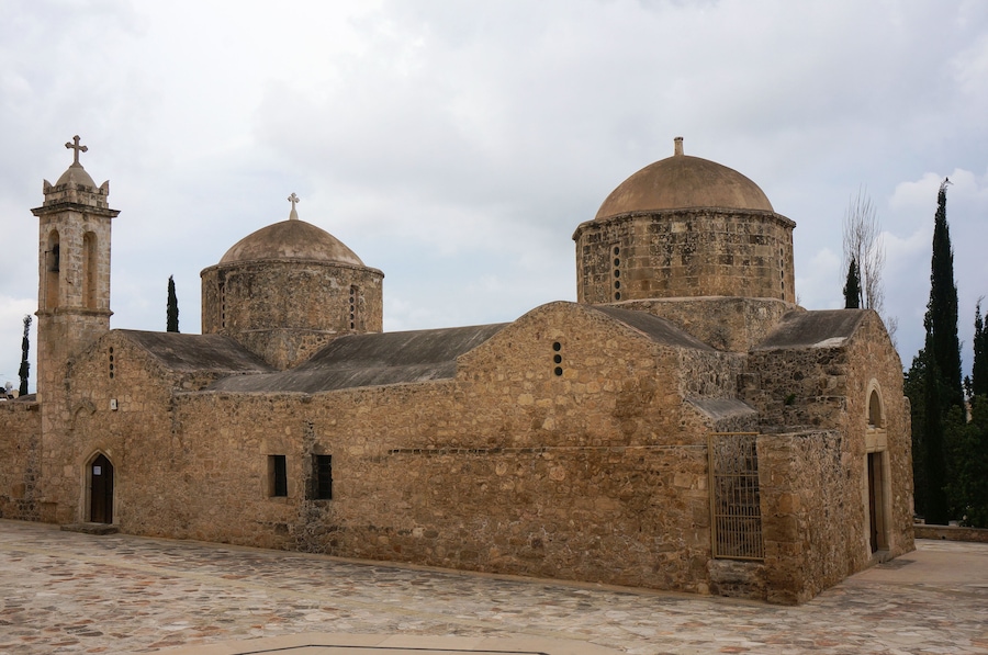 Church of Panagia Chryseleousa is ancient stone built edifice with three aisles and two domes. Empa (village in Paphos), Cyprus.