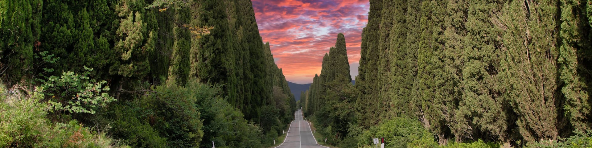 Tuscany, Italy. Asphalt line in nature, panoramic road to travel destination