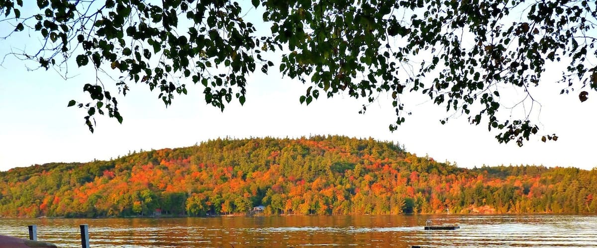 A wooden dock extending into a lake with autumn-colored trees in the background.