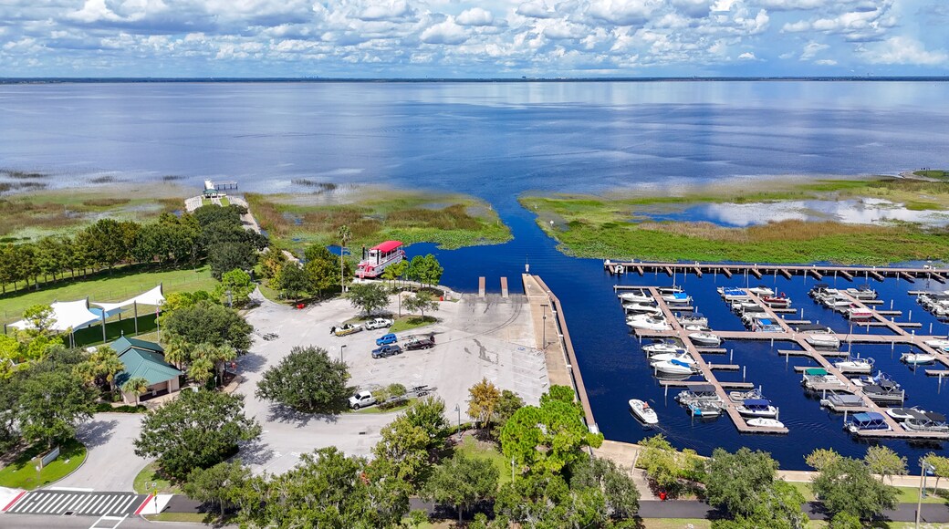 Aerial view overlooking Lakefront Park and marina located on East Lake Toho in the city of St Cloud in Osceola County, Florida.