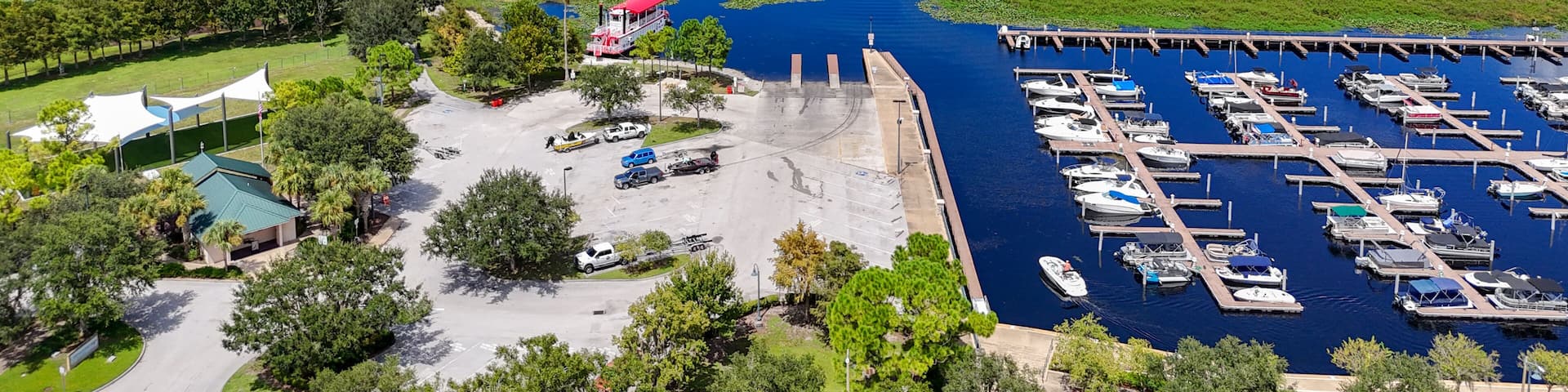 Aerial view overlooking Lakefront Park and marina located on East Lake Toho in the city of St Cloud in Osceola County, Florida.
