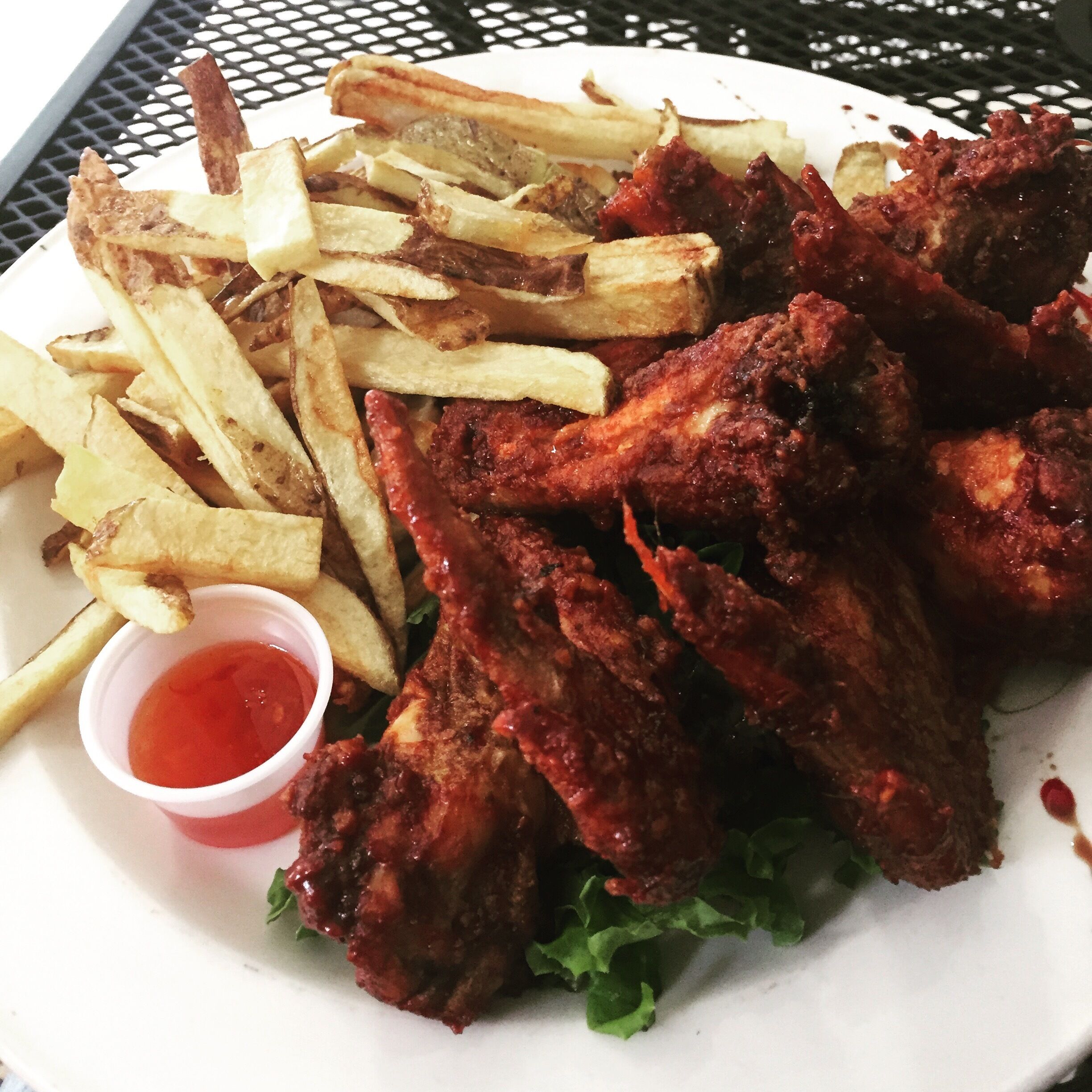 Honey Chicken Wings with Home made French Fries! Are so big  they look like Turkey Wings!  