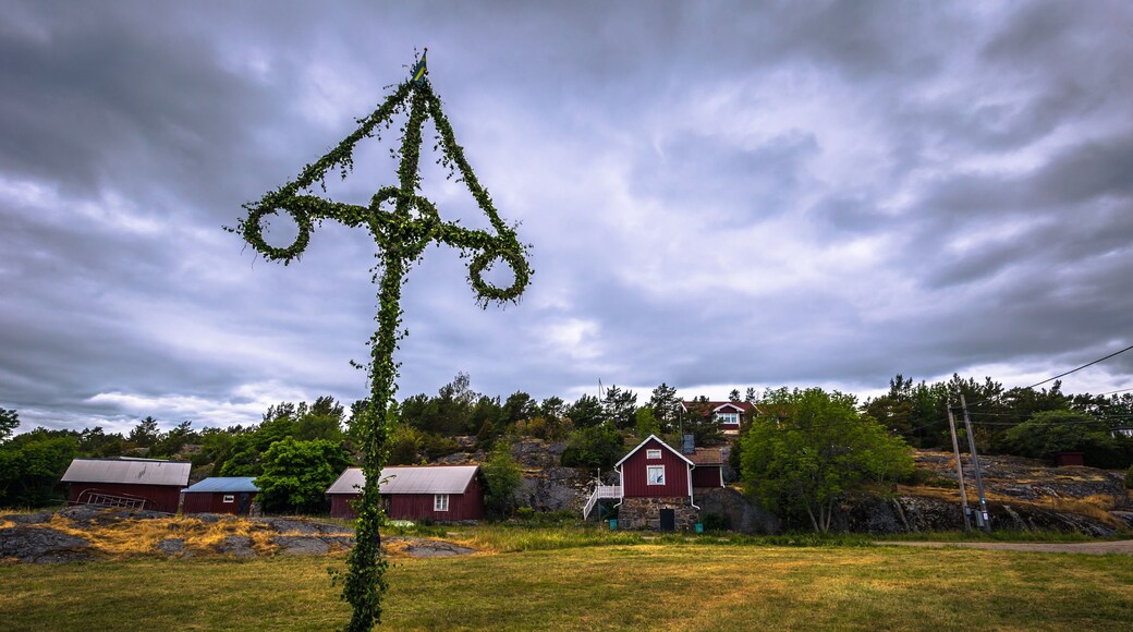 Swedish Archipelago - June 23, 2018: Midsummer pole in the island of Moja in the Swedish Archipelago during Midsummer, Sweden