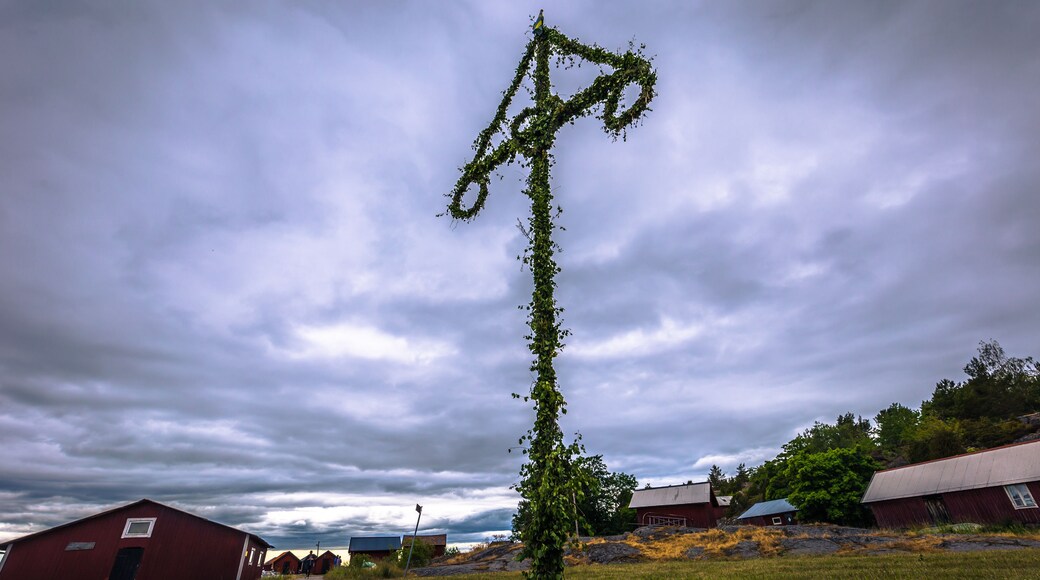 Swedish Archipelago - June 23, 2018: Midsummer pole in the island of Moja in the Swedish Archipelago during Midsummer, Sweden