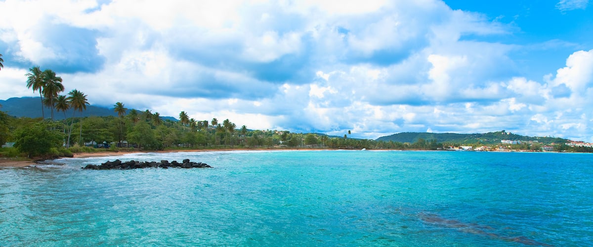 San Juan, Puerto Rico - Calm water is seen in the bay of a tropic island. Trees and beach can be seen in the background.