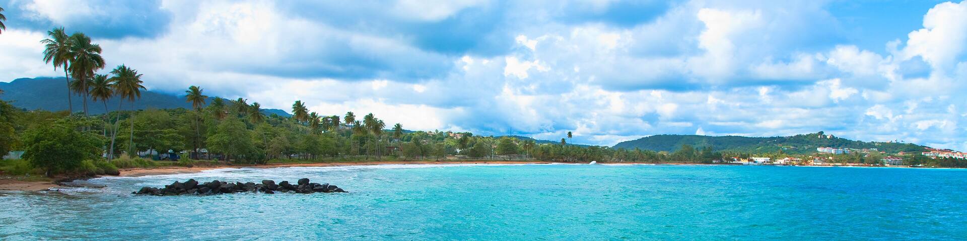 San Juan, Puerto Rico - Calm water is seen in the bay of a tropic island. Trees and beach can be seen in the background.