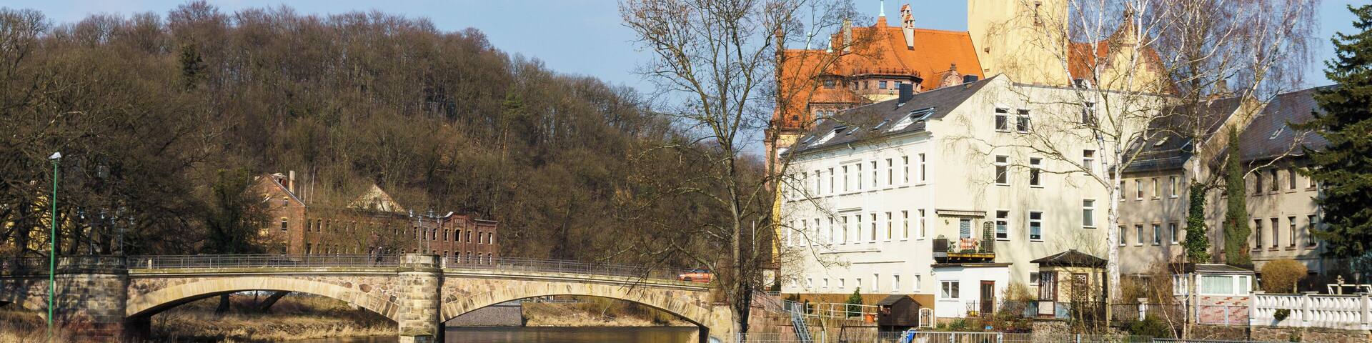 Zschopau, PöppelmannbrĂŒcke und Rathaus in Waldheim