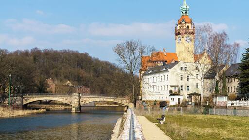Zschopau, Pöppelmannbrücke und Rathaus in Waldheim
