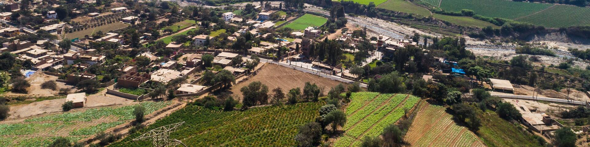 Aerial drone view of crop fields at Chillon valley near Lima, Peru.