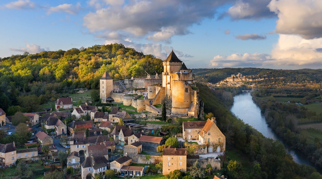 A historic castle on a hill overlooking a river, surrounded by a small town with traditional architecture.