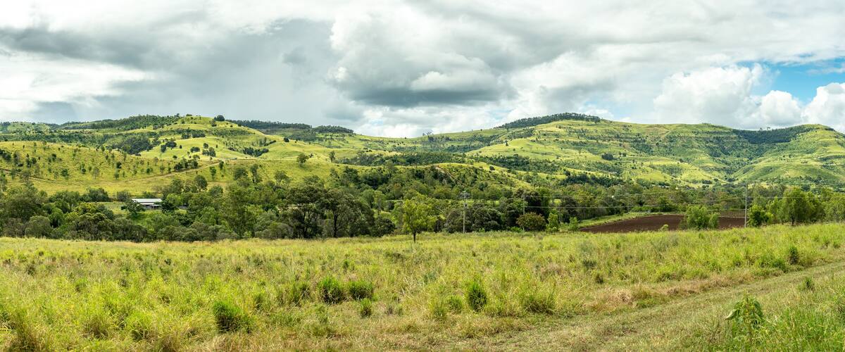 Rolling green hills, a field, and a distant house.