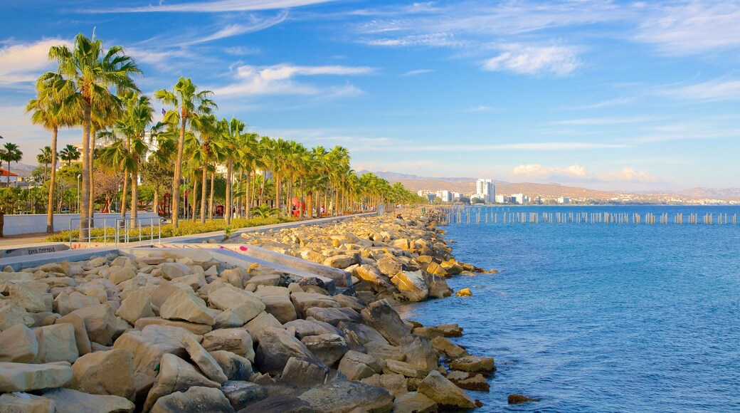 Limassol que incluye litoral rocoso y un atardecer