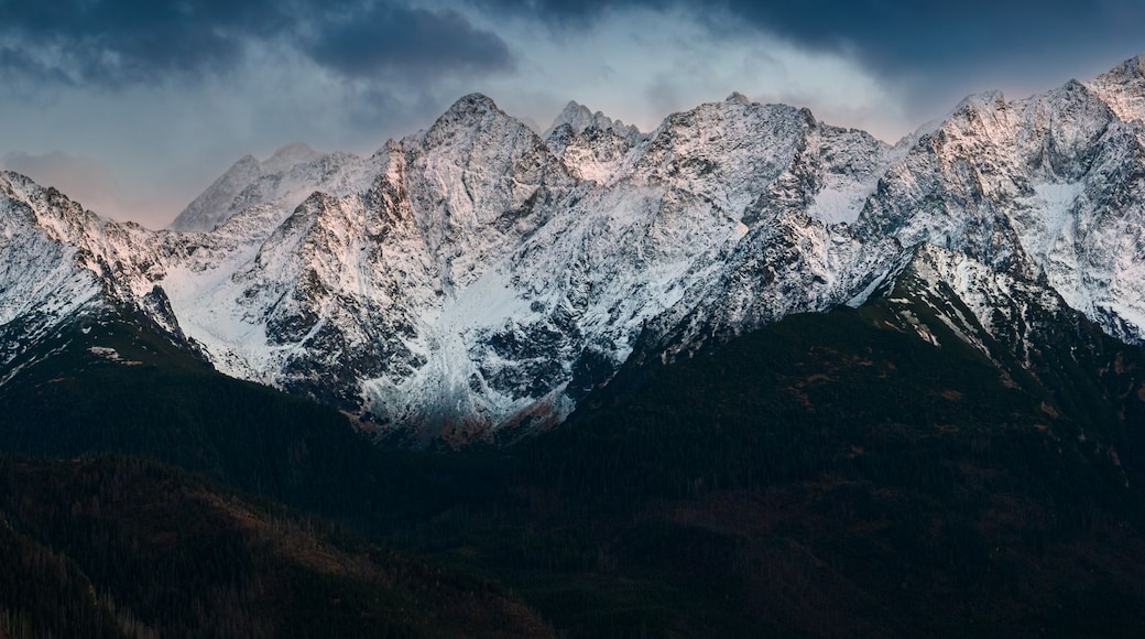 Tatranska Javorina, Slovakia - Aerial panoramic view of the snowy peaks of the High Tatras with Gerlachovsky stit, the tallest High Tatras mountain range peak rising 8,709 feet over a glacial valley