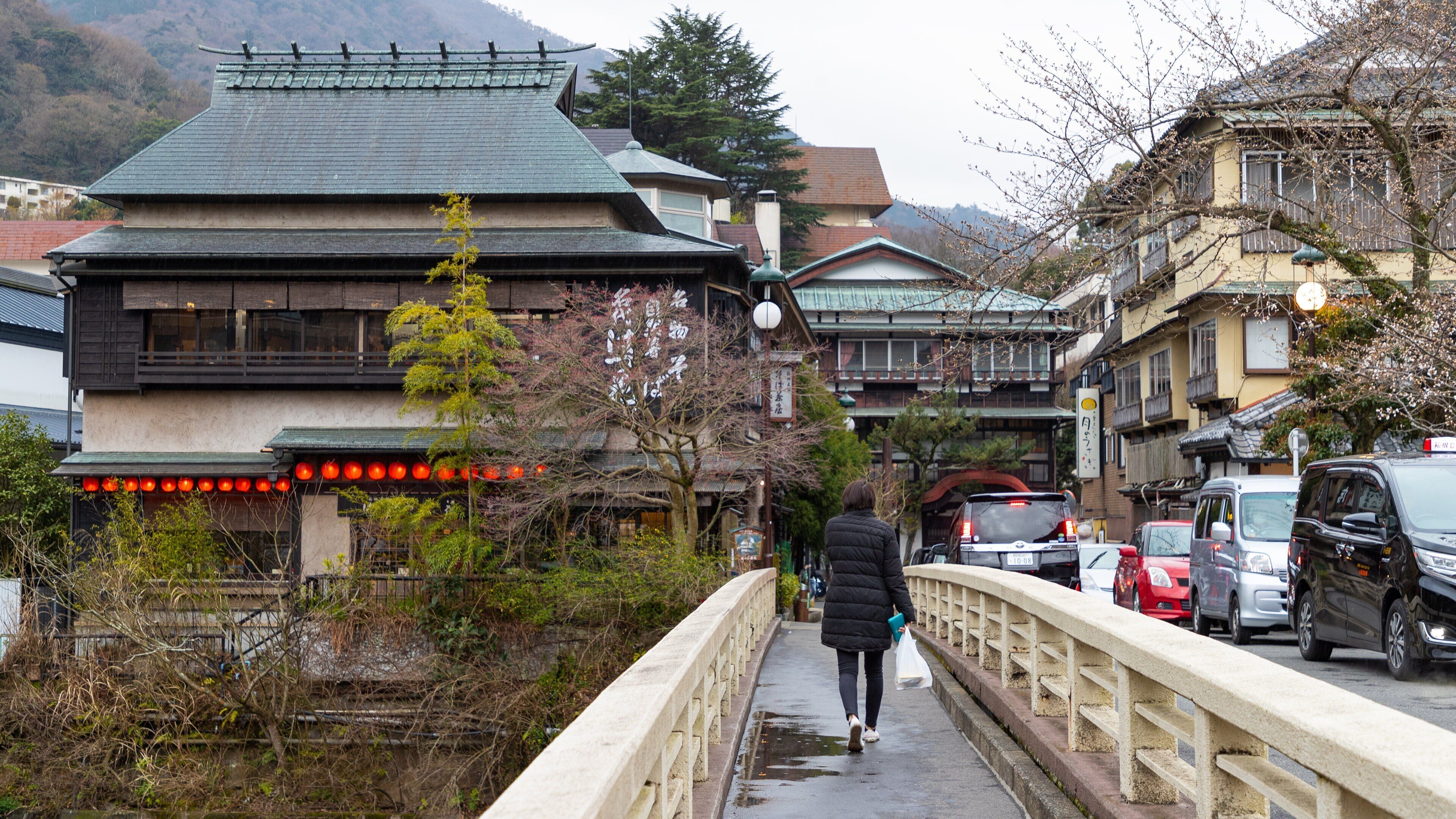 A pedestrian bridge with traditional Japanese architecture, a person walking, and parked cars.