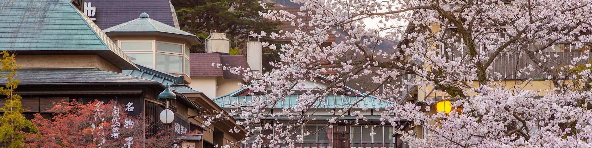 A traditional Japanese street with cherry blossoms, a bridge, and buildings with traditional architecture.