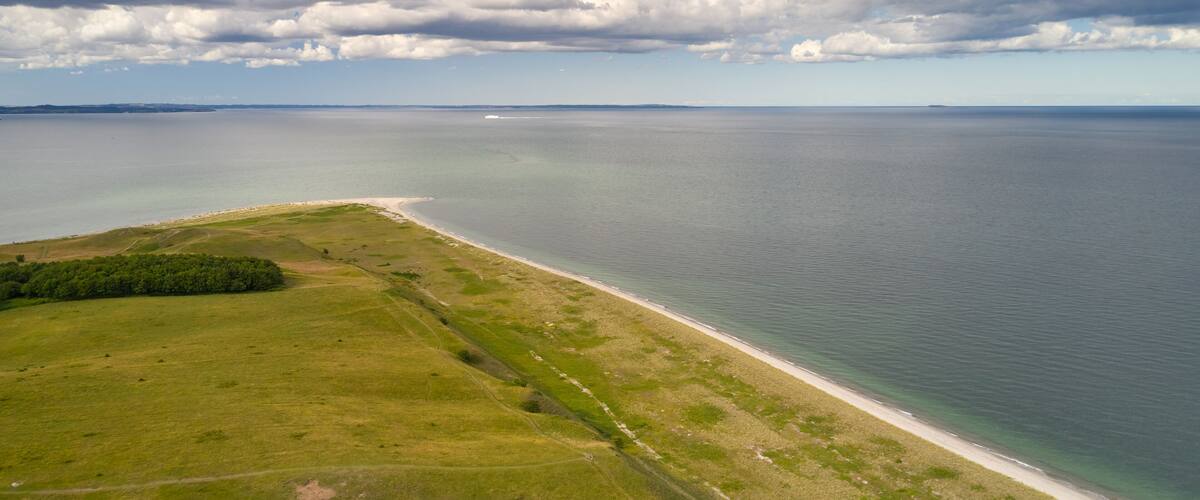 A coastal landscape with a sandy beach, grassy areas, and a large body of water under a cloudy sky.