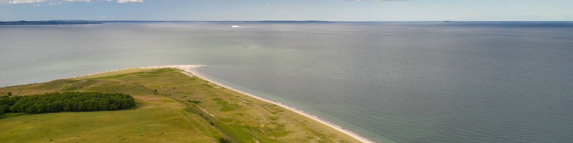 A coastal landscape with a sandy beach, grassy areas, and a large body of water under a cloudy sky.