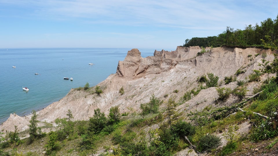 A coastal cliff with sparse vegetation and a calm sea with several boats.