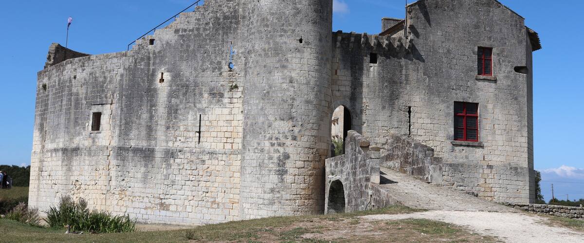 A historic stone castle with a flag on top, a red window, and a clear blue sky.