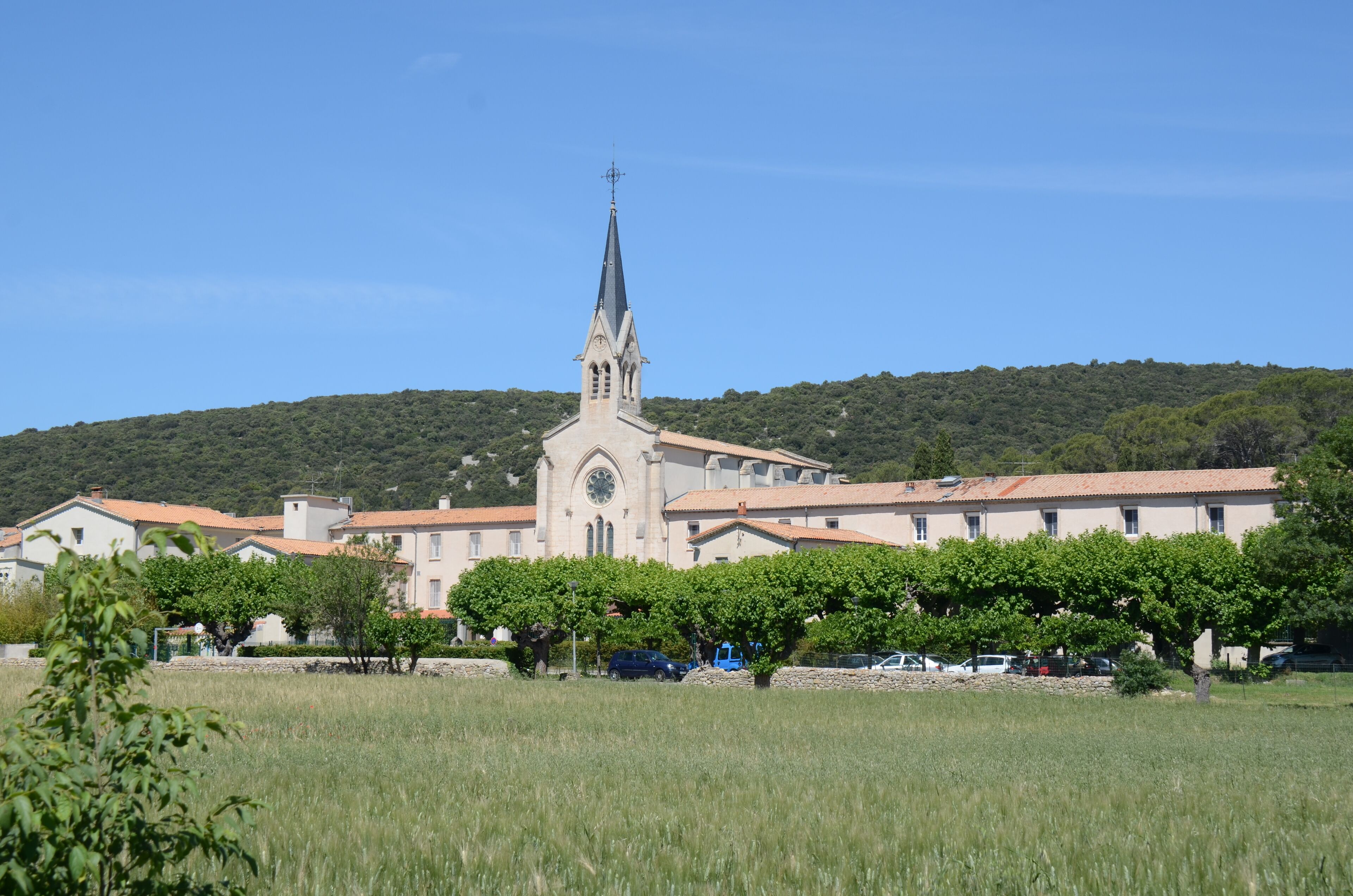 A church with a tall spire, surrounded by trees and parked cars.