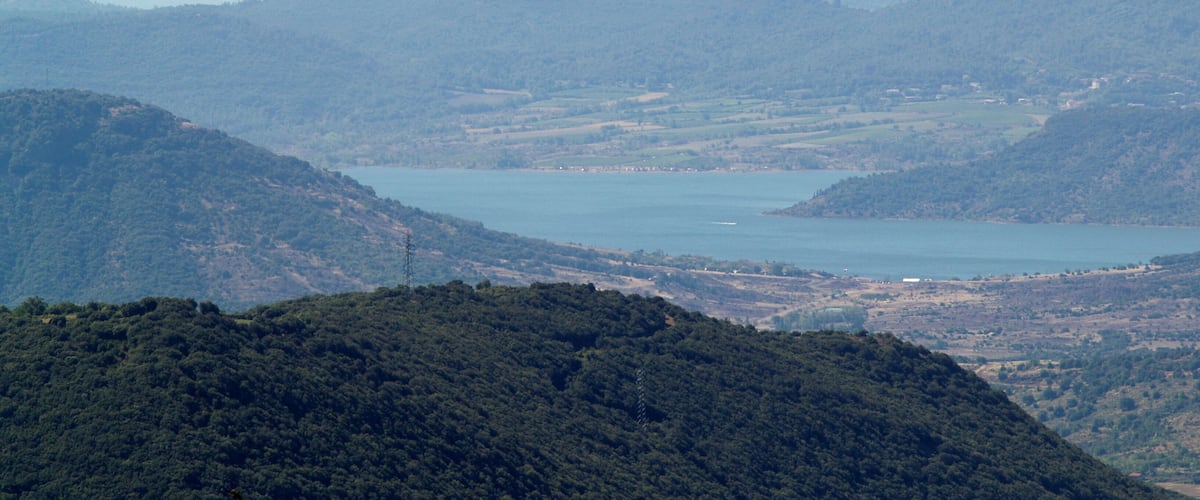 A mountainous landscape with a lake and two birds flying in the sky.