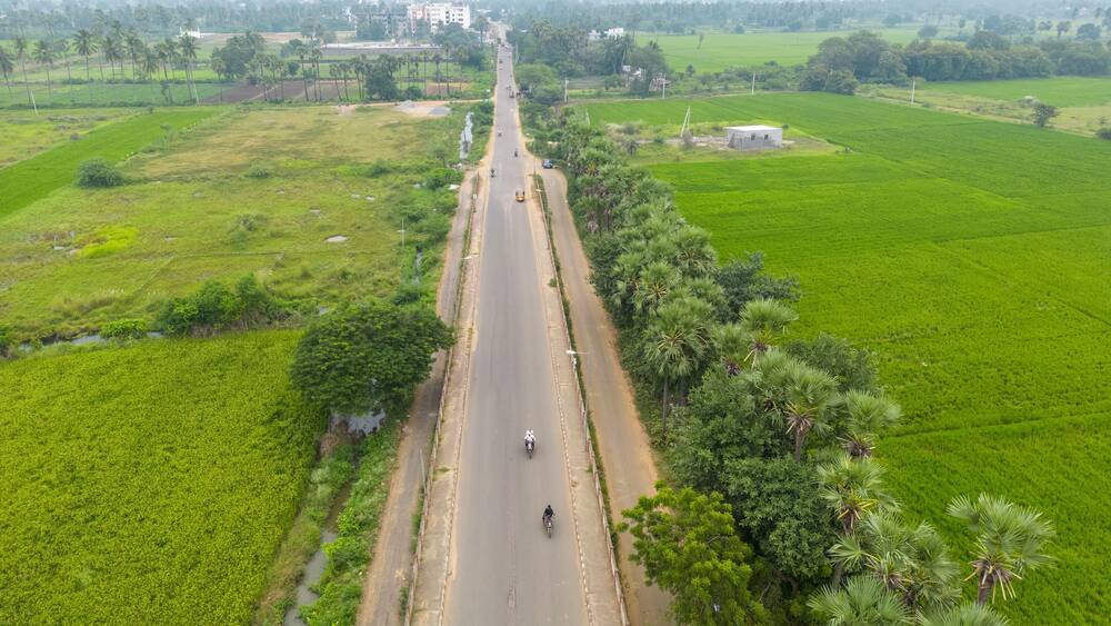 Aerial view of rural road passing through paddy fields in Guntur district, Andhra Pradesh state in India.