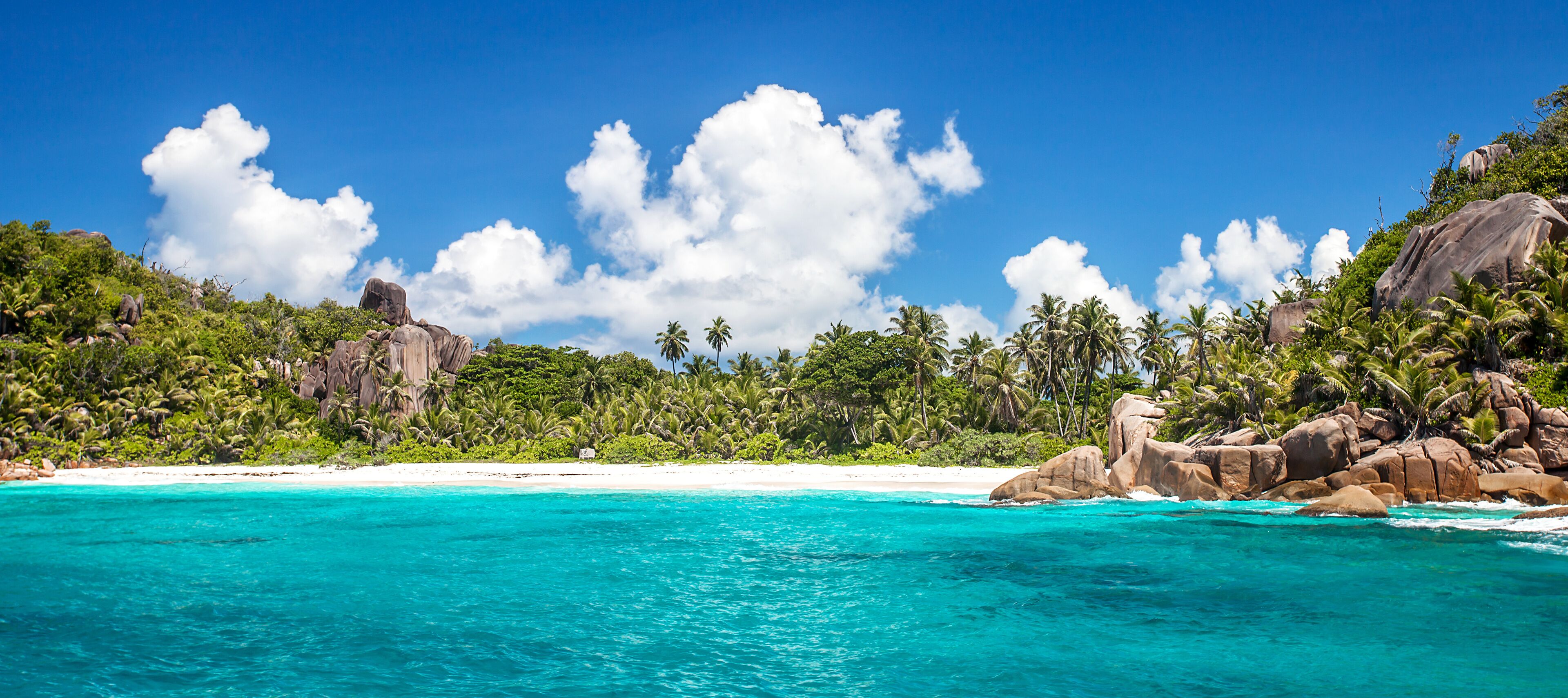 A turquoise beach with white sand, palm trees, and large rock formations under a clear blue sky.