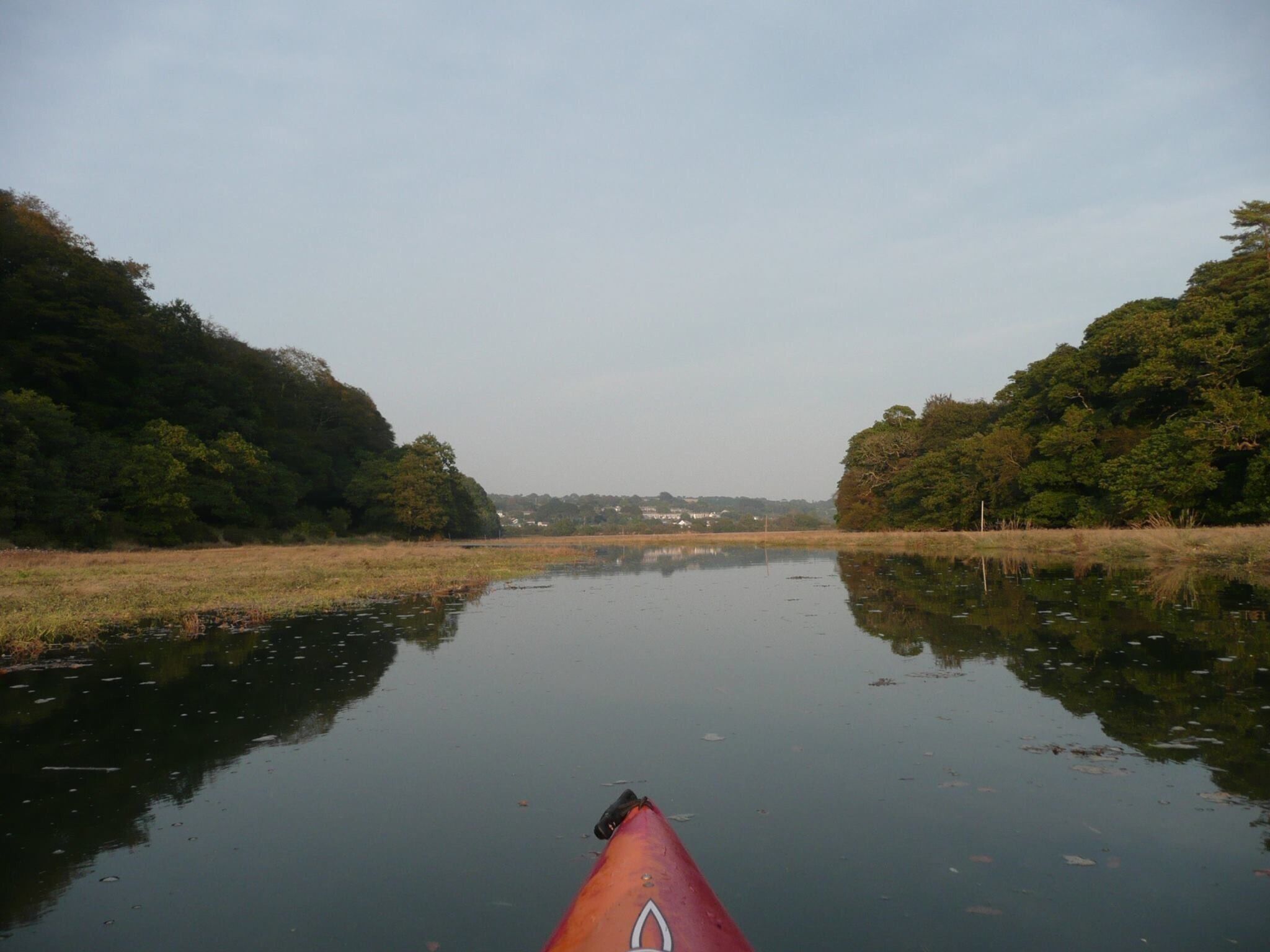 A calm river flanked by dense trees, viewed from a kayak.