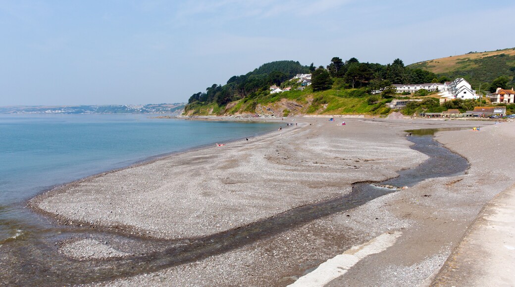 Ein Kiesstrand mit Häusern an einem Hügel.
