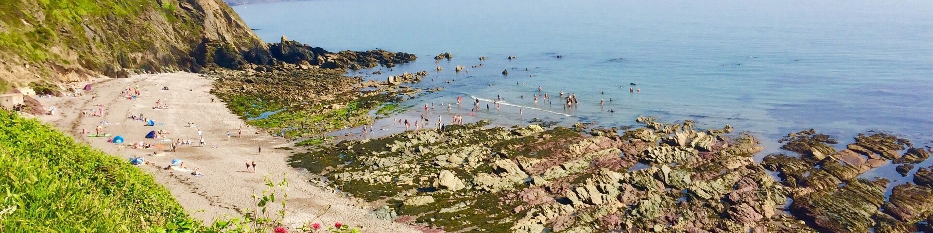 Una playa costera con costas rocosas y vegetación verde.