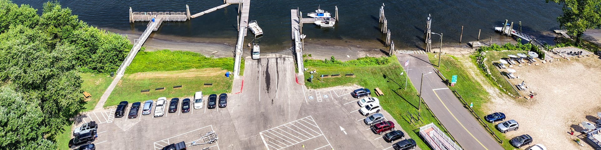 Aerial view of the Rocky Hill/Glastonbury Ferry Landing on the Connecticut River