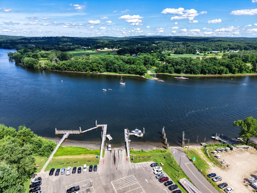 Aerial view of the Rocky Hill/Glastonbury Ferry Landing on the Connecticut River