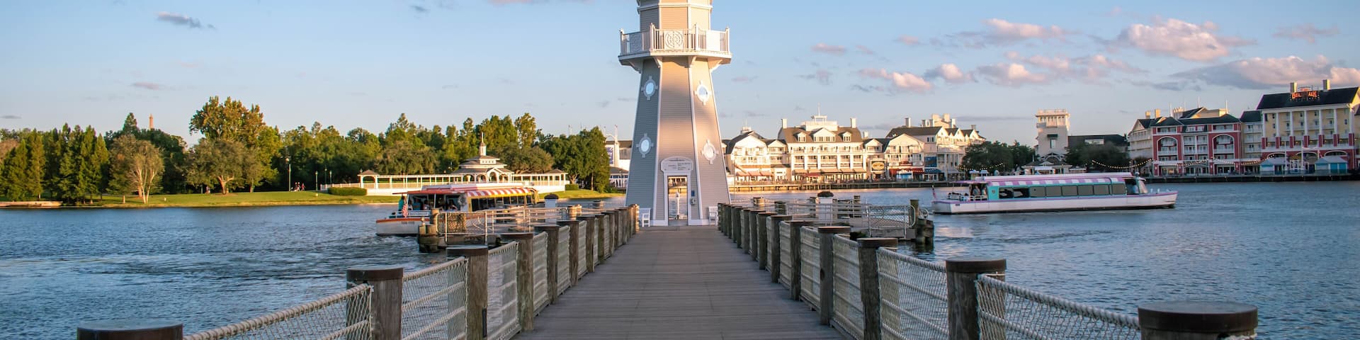Orlando, Florida. October 11, 2019. Panoramic view of lighthouse and pier at Lake Buena Vista 87.