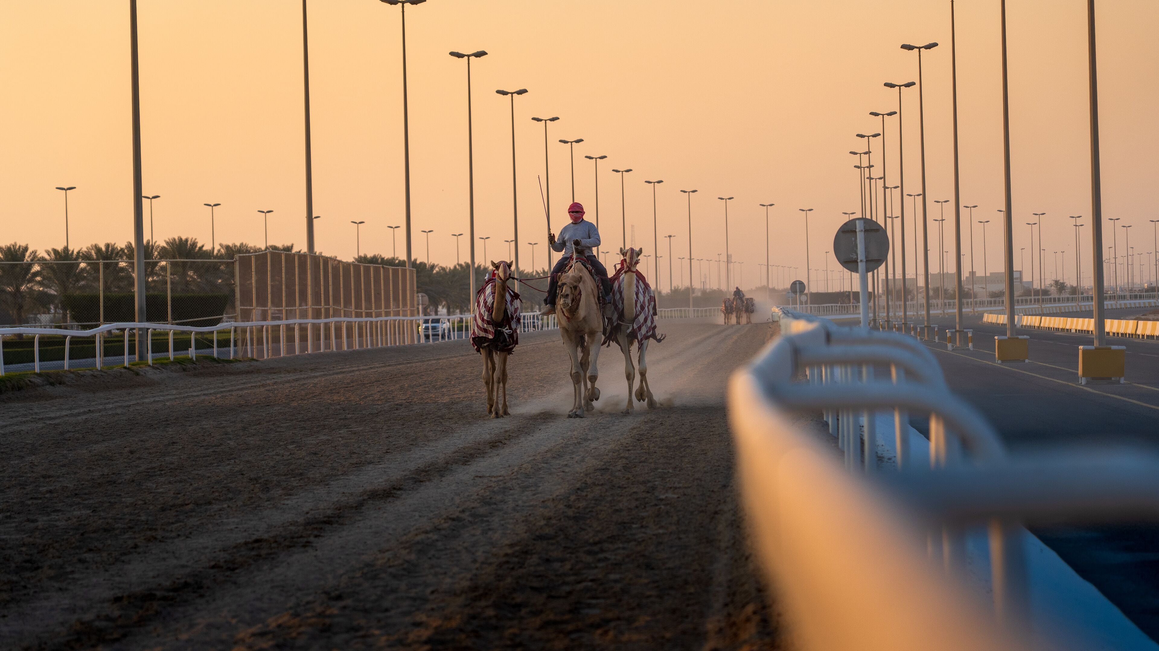 A horse race track with a rider on a horse and another on a camel.