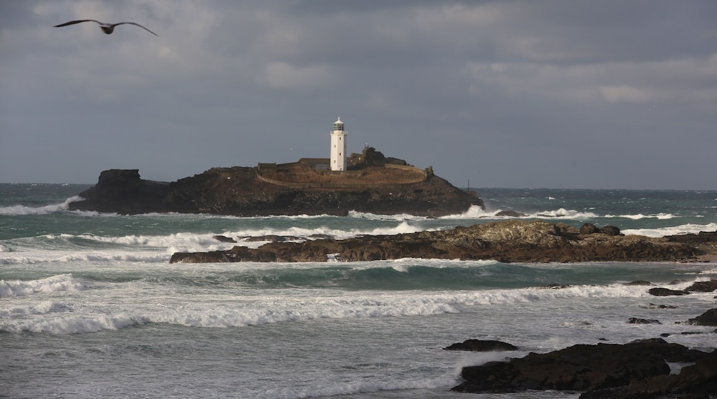 This Gwithan Lighthouse its about a mile off the coast. There is a National Trust area which gives great views of the coast line and long beach