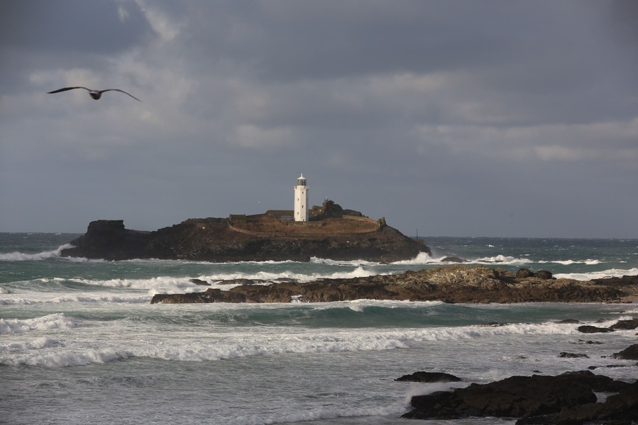 This Gwithan Lighthouse its about a mile off the coast. There is a National Trust area which gives great views of the coast line and long beach