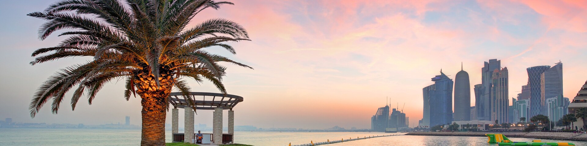 Una palmera, un paseo marítimo y un horizonte urbano con edificios modernos.